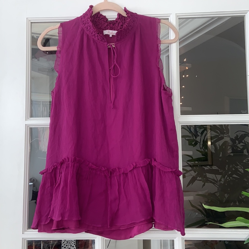 PARKER fuchsia ruffle blouse 100% silk Like new stunning L